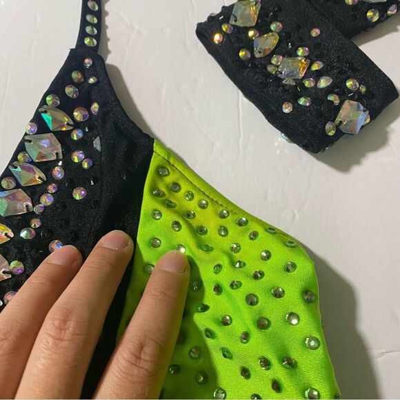 Glamour solo dance costume neon green Feather rhinestone embellished leotard MA - Picture 10 of 13